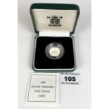 Boxed Royal Mint 1990 Silver Piedfort Five Pence Coin