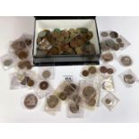 Box containing assorted crowns, pre-decimal and foreign coins