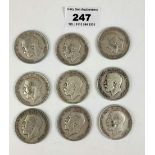 9 silver half crown coins, pre-1921, w: 4 ozt