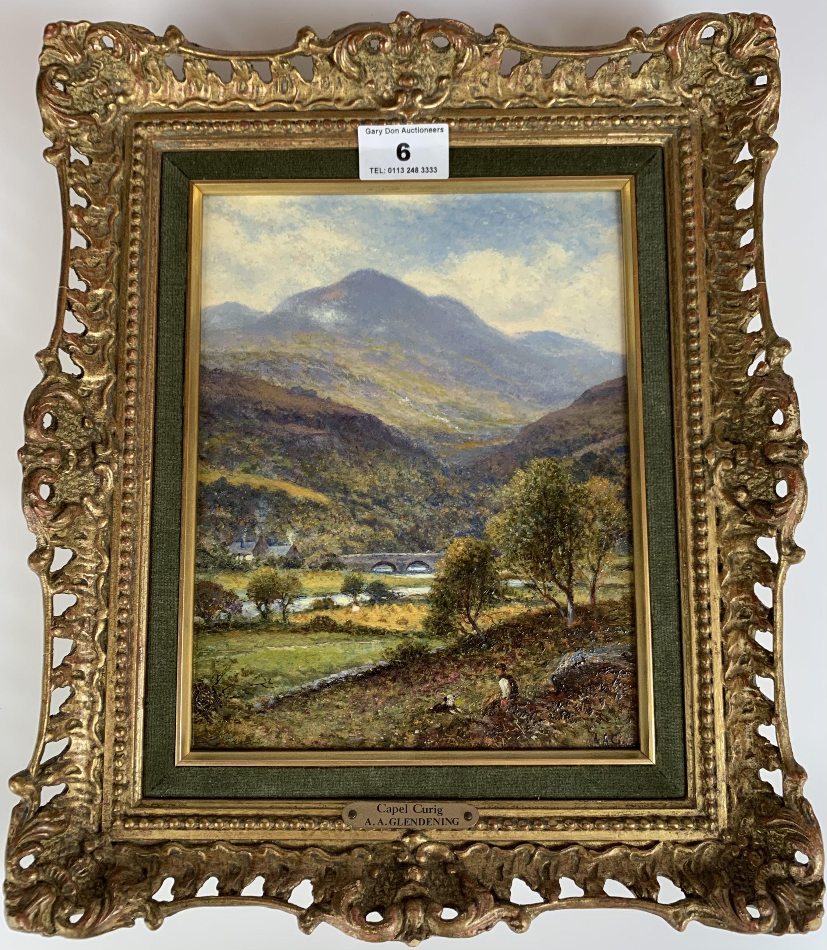 Oil painting “Capel Curig, North Wales” by A.A. Glendening, 6.5” x 8.25”, frame 12” x 10”. Gallery