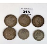 4 silver half crowns and 2 silver florins