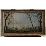 Oil painting on canvas of birds in woodland by Charles Comber. 29.5” x 15.5”, frame 33.5” x 19.5”.