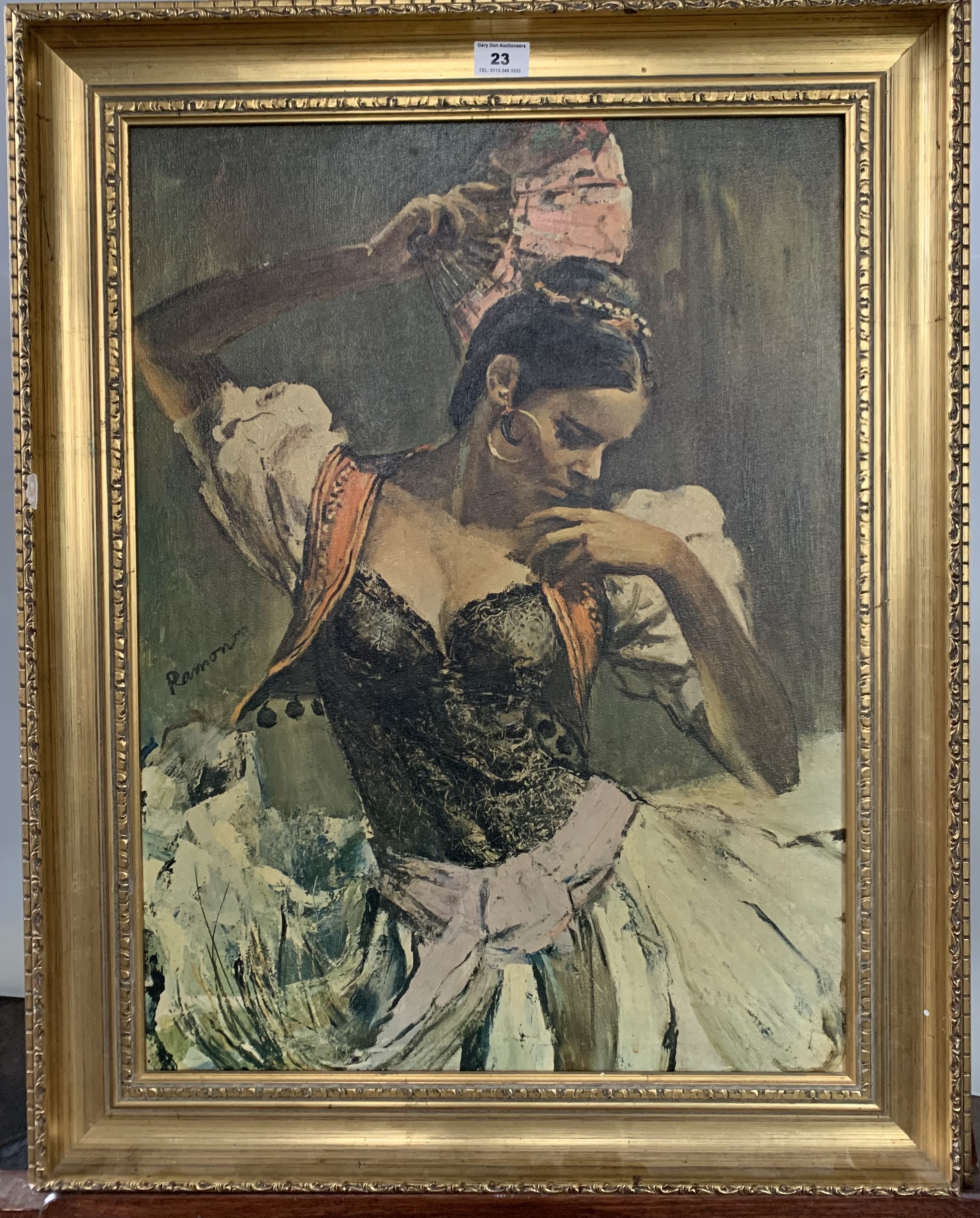 Print on canvas “Gipsy Dancer” by Ramon. 17.5” x 23.5”, frame 23.5” x 29.5”. Framed by Studio