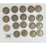 19 silver half crown coins, pre-1921, w: 8.5 ozt