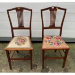 Pair of inlaid embroidered seat bedroom chairs. 16” wide, 14” deep, 34.5” high. General wear.