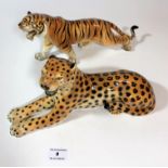 Leopard with handwritten mark Ronzan 855/A, 12” long x 4” wide and tiger marked foreign, 14” long