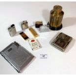 7 assorted lighters, 1 combination cigarette case/lighter, tobacco tin and cigarette dispenser