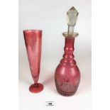 Etched cranberry glass style decanter with stopper 13” high and etched cranberry glass style vase