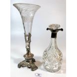 Silver topped glass decanter 11” high (crack in body) and glass trumpet vase in plated holder 14”