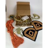 Assorted helmet cords, plumes, sash and chevrons, circa 1800 reproductions and bag of brass