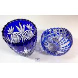 Bohemian style blue cut glass vase 8.5” high and Bohemian style blue cut glass basket 7” high. No