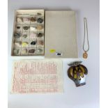 AA badge, boxed set of mineral specimens and dress chain and medallion