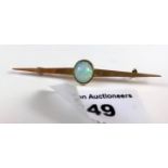 9k gold tiepin with opal stone, length 2.5”, w: 2.2 gms