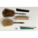 Silver backed hairbrush, 2 combs, handmirror and clothes brush, initialled G