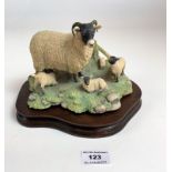 Border Fine Arts sheep and lambs on wooden plinth, 7” wide x 5” high, fence damaged and repair to