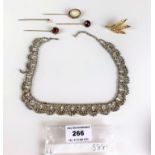 Dress choker necklace, 4 stick pins and leaf brooch