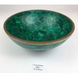 Large green malachite bowl with metal rim, diameter 10”, height 4”. Few pit marks and dents