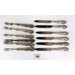 6 silver cake knives and 6 silver cake forks, silver blades and silver handle surrounds, total w: