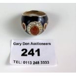 Silver and blue enamel ring with red and white stones, size Q, w: 7.2 gms