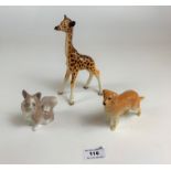 Beswick giraffe (neck repaired), Beswick golden retriever dog 5” long and Lladro Pekinese dog 3”