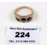 9k gold ring with blue stones, 1 stone missing, size U, w: 4.2 gms