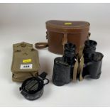 Pair of Taylor-Hobson 1943 binoculars in leather case and military 1942 compass in canvas case