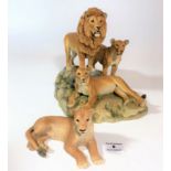 Teviotdale lion and 2 lionesses on rocks by Tom Mackie 26/500, 13”long x 7” wide and reclining