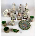 6 G. Armani girl figures, Spode Queens Silver Jubilee teapot, small Capo di Monte teapot and 5