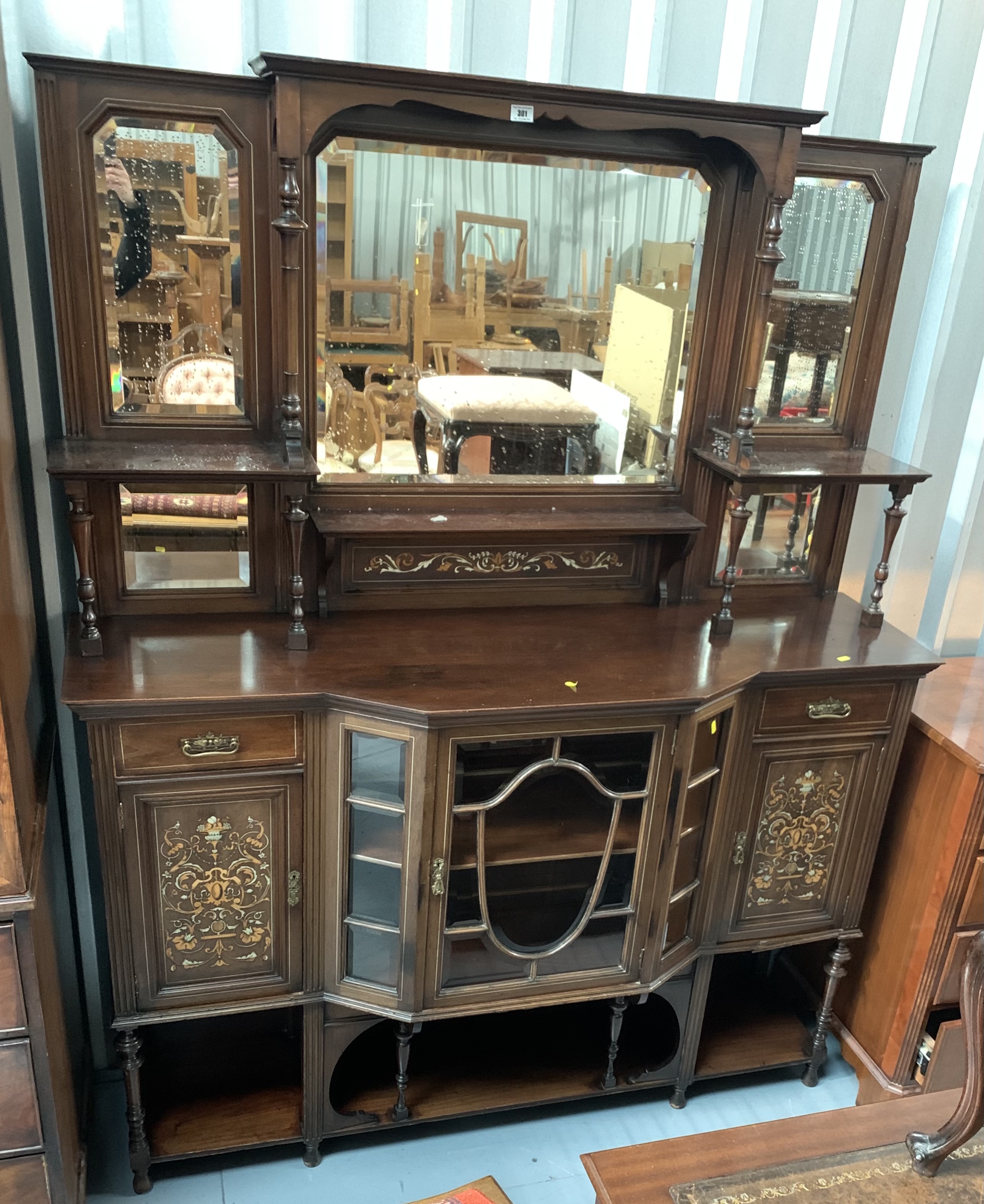 Inlaid antique mirrorback cabinet. 75” high, 60” wide, 18” depth
