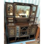 Inlaid antique mirrorback cabinet. 75” high, 60” wide, 18” depth