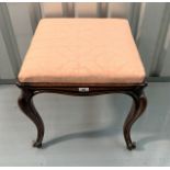 Mahogany cabriole leg upholstered stool. 18” square, 18” high