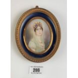 Miniature oval painting on plaque of lady with tiara, frame 5” x 4.25”