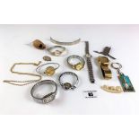 Bag of assorted dress watches, necklaces, keyrings and wooden mouse