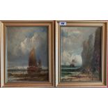 Pair of oil paintings on board of ships by R. Hewson, images 8.5” x 11.5”, frames 11” x 15”. Good