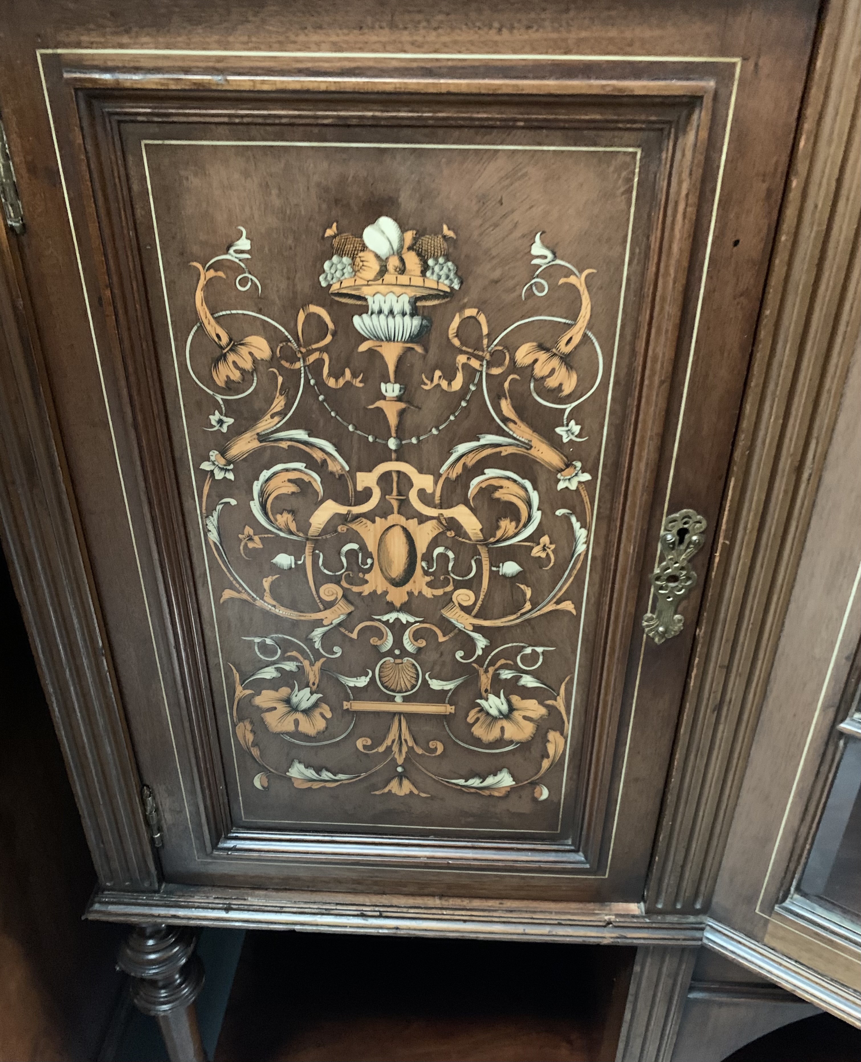 Inlaid antique mirrorback cabinet. 75” high, 60” wide, 18” depth - Image 3 of 6