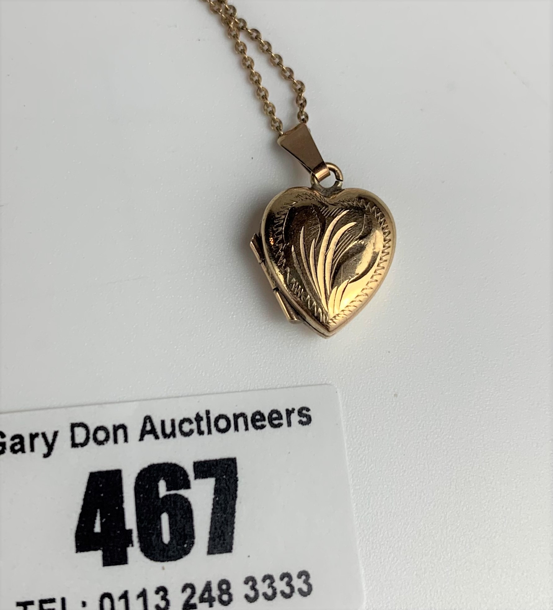 9k gold necklace with heart locket, length 16” plus 1” locket, and 9k gold necklace, 15” length. - Image 2 of 5