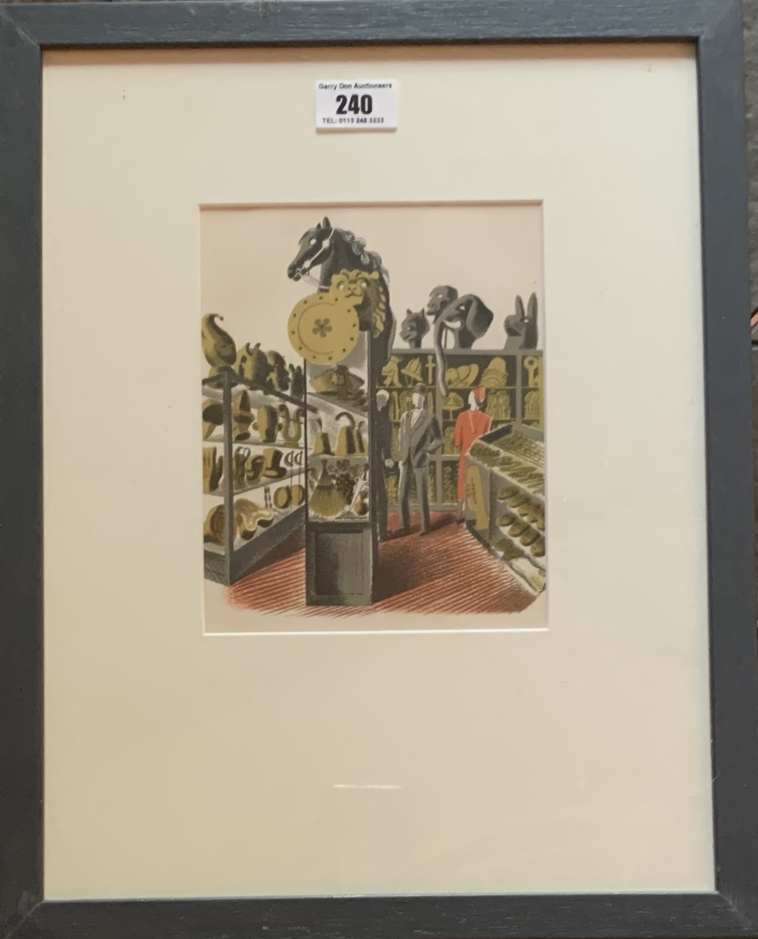 Lithograph ‘Theatrical Properties’ by Eric Ravilious. Image 5.5” x 7”, frame 12.5” x 15.5”. good