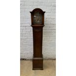 Oak longcase grandmother clock with brass face, pendulum, key and single weight. Not working. 64”