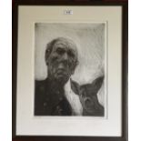 Chris Salmon limited edition print, man and pig. Signed and numbered 35/100. Image 12” x 16”,