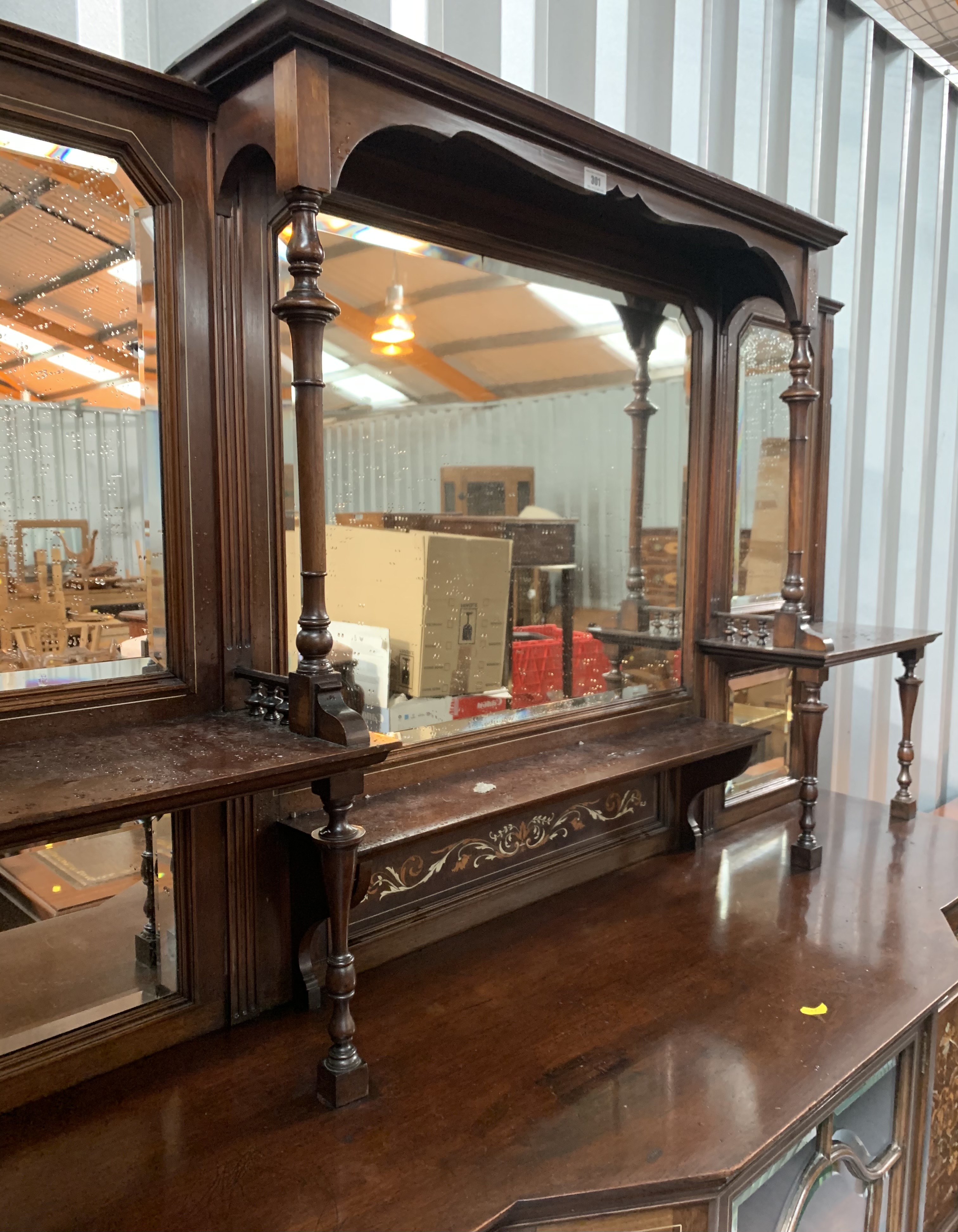 Inlaid antique mirrorback cabinet. 75” high, 60” wide, 18” depth - Image 4 of 6