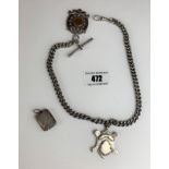 Silver watch chain with t-bar, 2 shields and locket, length 15”, total w: 2.9 ozt