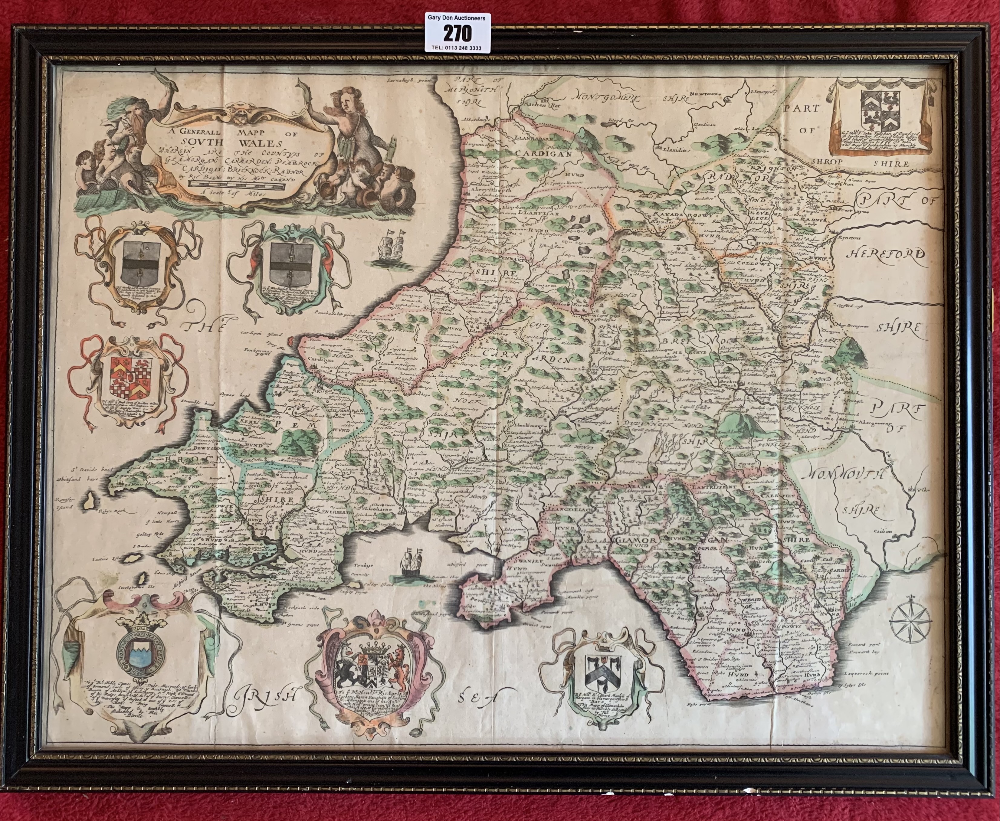 ‘A Generall Mapp of South Wales’, image 18” x 14”, frame 20” x 16”. Map has creasemarks and some