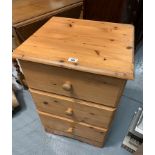 Pine bedside cabinet with 3 drawers. 19” wide, 17” deep, 28” high