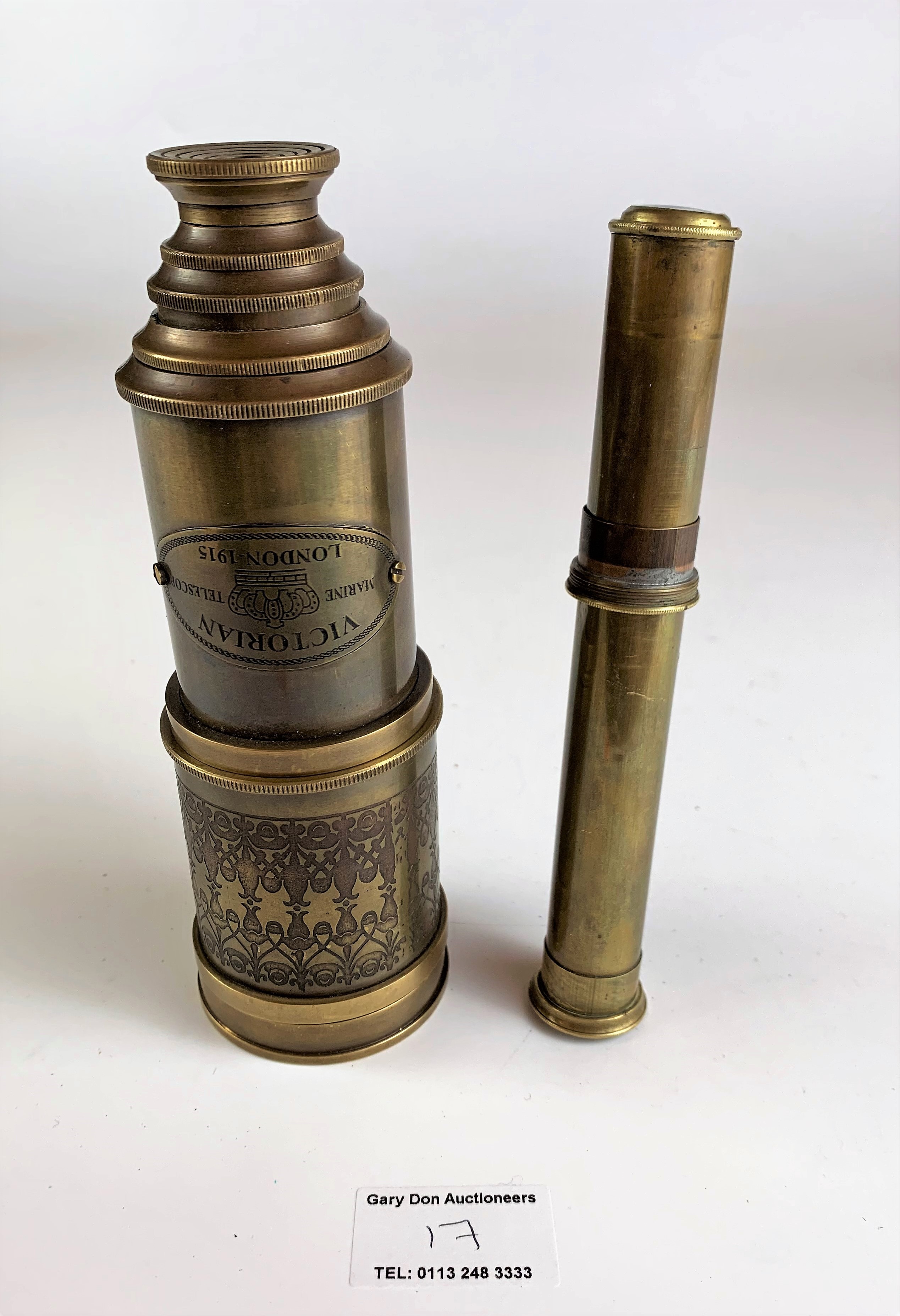 2 small brass telescopes, 1 marked Victorian Marine Telescope, London 1915, 6.5” long and 1