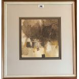 David Hazelwood mixed media abstract composition ‘Dark Echo’ 1975, image 9” x 9”, frame 18” x 19”.