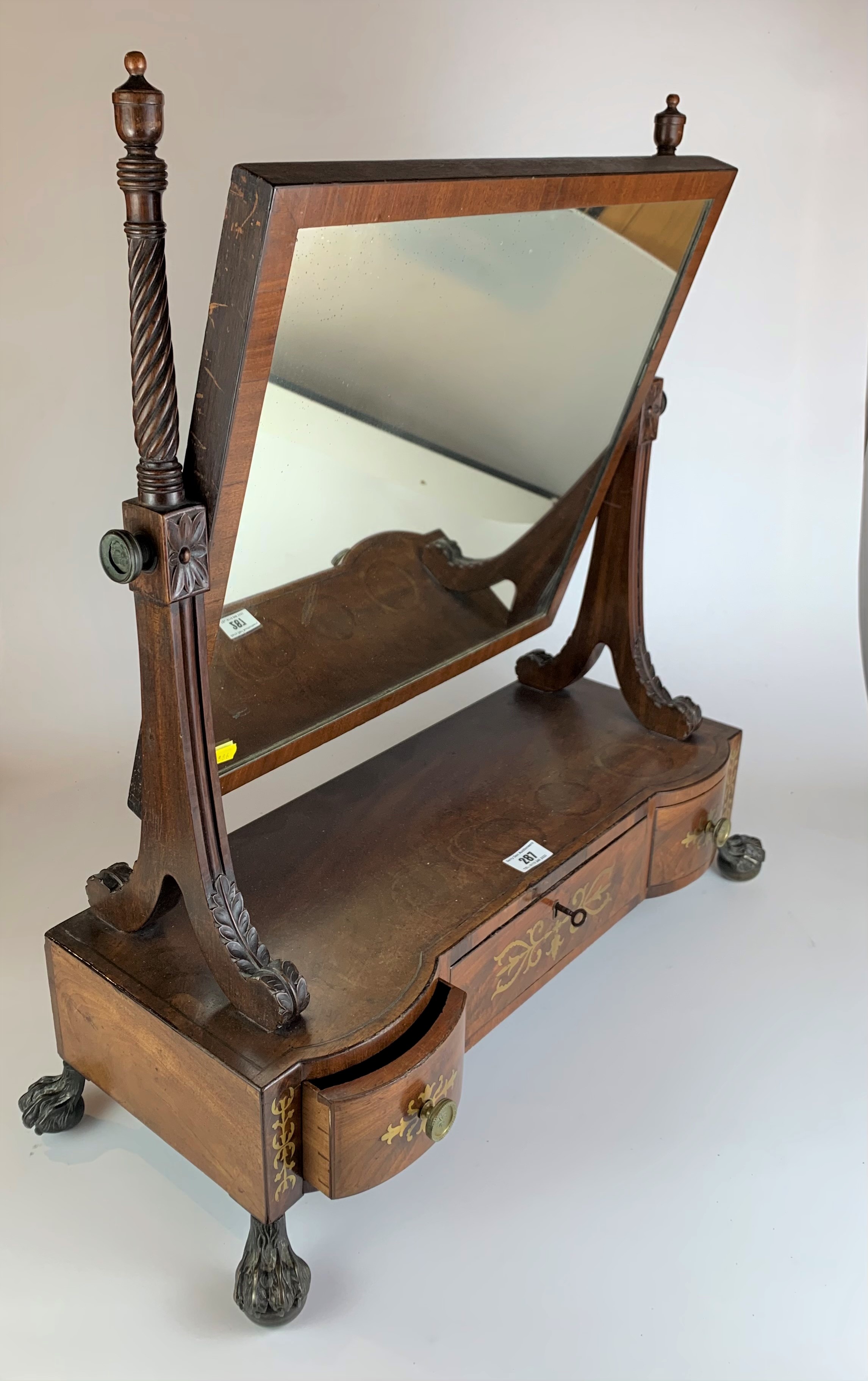 Antique regency style dressing swing mirror with boule inlay and metal claw/ball feet, 3 drawers - Image 2 of 8