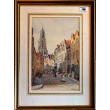 Watercolour of street scene by W. Milnes, 1880. Image 8” x 12”, frame 13” x 18”. Good condition