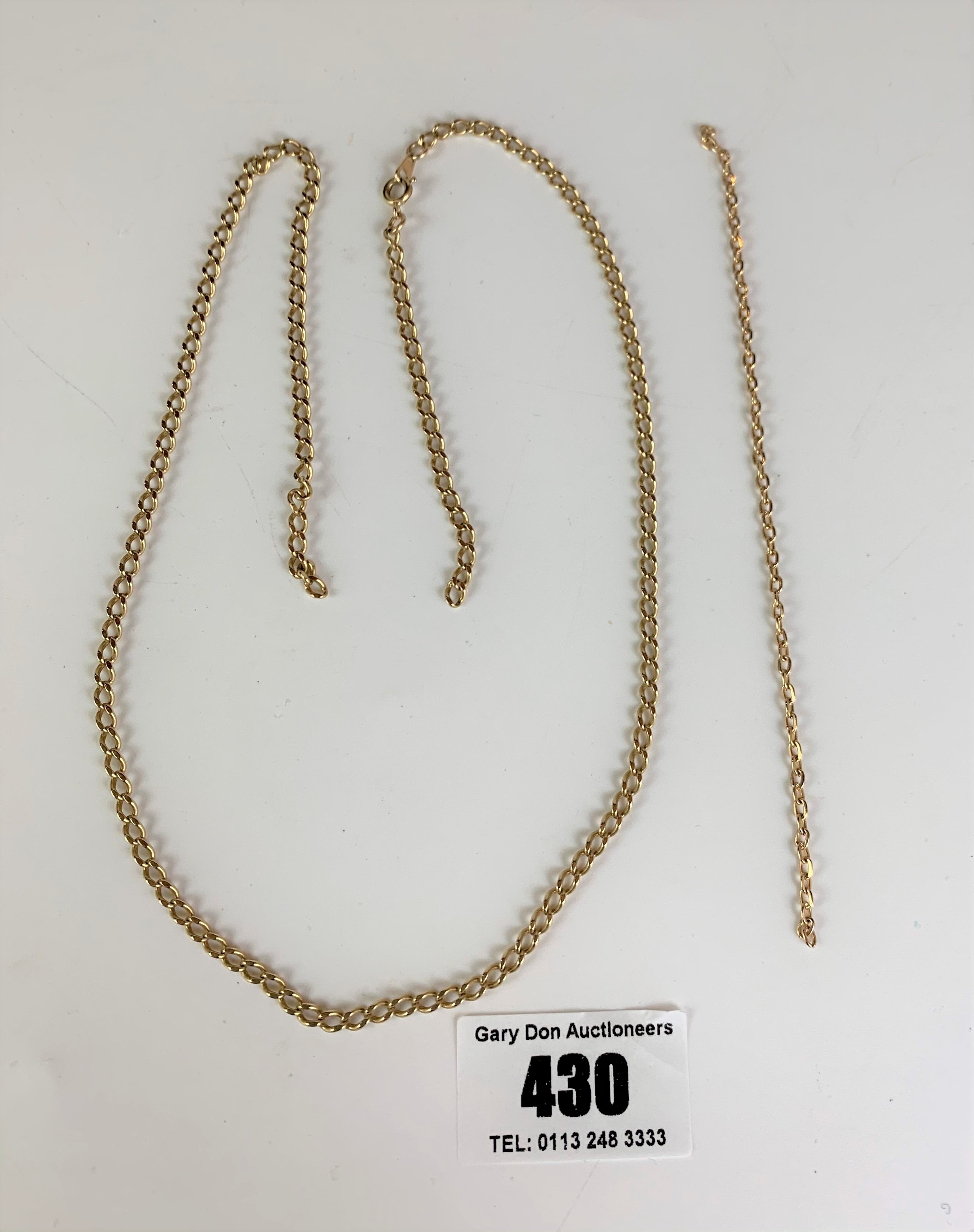 9k gold necklace (broken), length 21.5”, w: 11 gms and unmarked piece of chain 6”