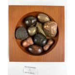 Collection of 10 bronze nuts signed DSP in wooden dish