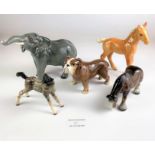 Beswick foal, Beswick blonde horse, Beswick elephant, Sylvac bulldog and small horse (repaired leg)